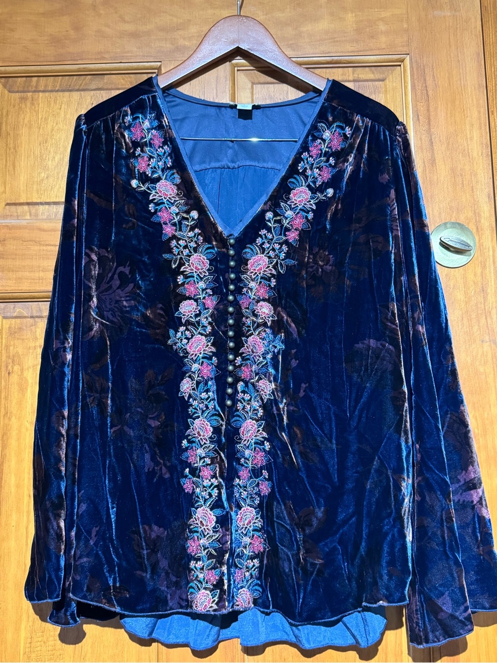 Sundance Navy Velvet Tunic with Pink & Teal Floral Embroidery